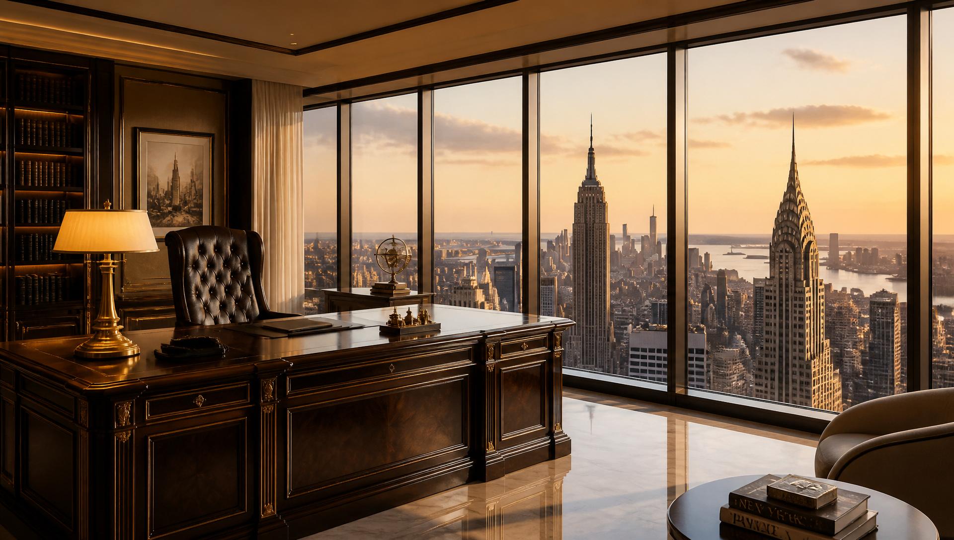 Luxury Manhattan C-suite executive office with floor-to-ceiling windows overlooking the New York City skyline at golden hour